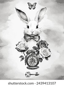 Wonderland poster, banner, greeting card.  Watercolor white rabbit,key, clock, butterfly,  roses on  white watercolor background. Vector illustrations