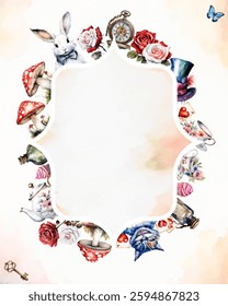 Wonderland poster, banner, greeting card.  Watercolor white rabbit, cat,  hat, key, clock, tea cup, rose, mushrooms  and other. Frame and place for text. Vector illustration