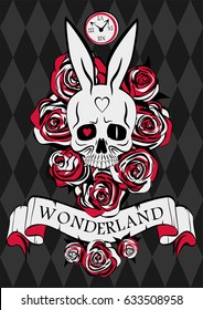 Afiche de Wonderland. Conejo blanco cráneo, rosas rojas y blancas y cinta con inscripción "Maravilla" en el fondo del ajedrez. Ilustración del vector
