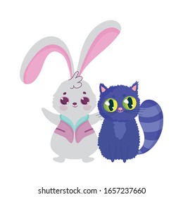 wonderland, rabbit and cat cartoon character vector illustration