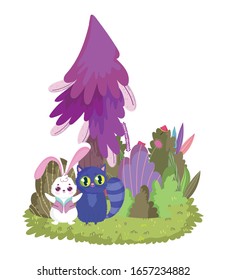 wonderland, rabbit and cat tree foliage meadow vector illustration