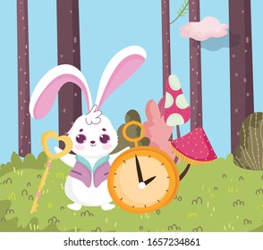 wonderland, rabbit with key and clock forest vector illustration