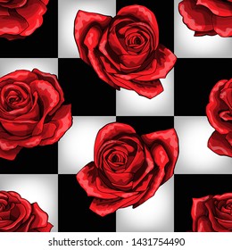 Wonderland red roses on chessboard background. Vector seamless pattern. Happy mother day, womens day, girls birthday, Valentines day. Gift box paper, textile, linen, dress print design