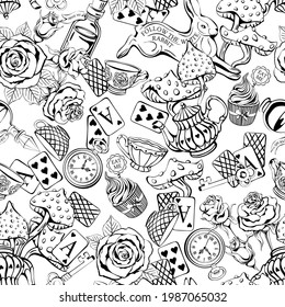 Wonderland seamless pattern. Black cartoon doodles hand drawn detailed, with lots of objects background. Flowers, white rabbit, cards, mushroom. Texture for fabric, wallpaper,decorative print