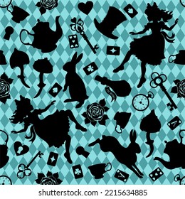 Wonderland seamless pattern. Black silhouettes Alice, rabbit, key, tea cup and teapot, roses and other  on blue checkered background. Texture for fabric, wallpaper, decorative print