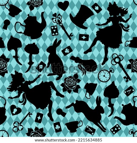 Wonderland seamless pattern. Black silhouettes Alice, rabbit, key, tea cup and teapot, roses and other  on blue checkered background. Texture for fabric, wallpaper, decorative print