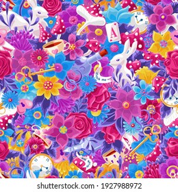 Wonderland seamless pattern. Bright colored cartoon doodles hand drawn detailed, with lots of objects background. Flowers, white rabbit, cards, mushroom. Texture for fabric, wallpaper,decorative print