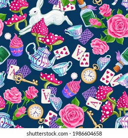 Wonderland seamless pattern. Bright colored cartoon doodles hand drawn detailed, with lots of objects background. Flowers, white rabbit, cards, mushroom. Texture for fabric, wallpaper,decorative print