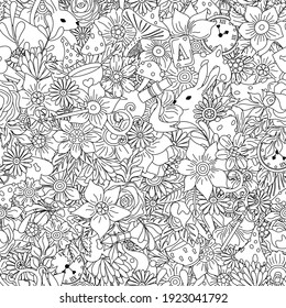 Wonderland seamless pattern. Cartoon doodles hand drawn line art detailed, with lots of objects background. Flowers, white rabbit, cards, mushroom, keys and clock. Texture for fabric, decorative print