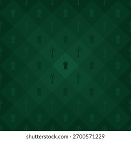 Patrón sin fisuras del país de las maravillas, fondo de ajedrez a cuadros. Ojo de cerradura sobre fondo verde. Textura para tela, envoltura, Fondo de pantalla. Estampado decorativo. Ilustración vectorial.