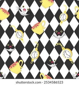 Wonderland seamless pattern. Cups and clocks, time to drink tea