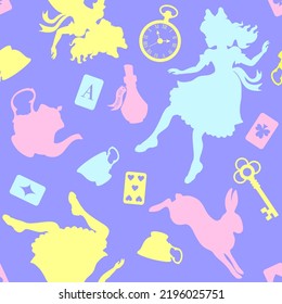 Wonderland seamless pattern. multicolor silhouettes Alice, rabbit, key, tea cup and other  on purple background. Texture for fabric, wallpaper, decorative print