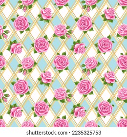 Wonderland seamless pattern. Pink roses on chess checkered background. Texture for fabric, wrapping, wallpaper. Decorative print. Vector illustration .