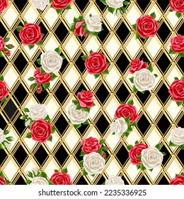 Wonderland seamless pattern. Red and White roses on chess checkered background. Texture for fabric, wrapping, wallpaper. Decorative print. Vector illustration .