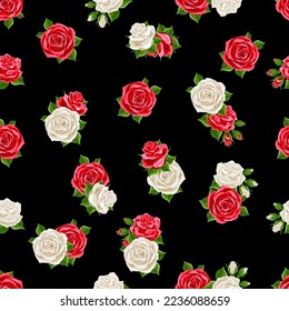 Wonderland seamless pattern. Red and white roses on black background. Texture for fabric, wrapping, wallpaper. Decorative print. Vector illustration .