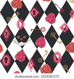 Wonderland seamless pattern. Roses, keyhole, key, Cheshire cat