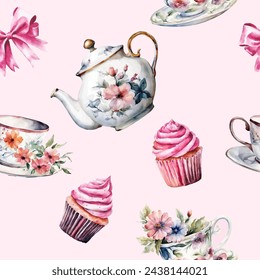 Wonderland seamless pattern of tea party. Watercolor tea cup, teapot, flowers, cakes on pink  background. Vector illustration. Texture for fabric, wrapping, wallpaper, print