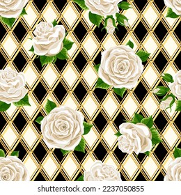 Wonderland seamless pattern. White roses on chess checkered background. Texture for fabric, wrapping, wallpaper. Decorative print. Vector illustration .