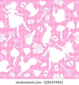 Wonderland seamless pattern. White  silhouettes Alice, rabbit, key, tea cup and teapot, roses and other  on pink checkered background. Texture for fabric, wallpaper, decorative print