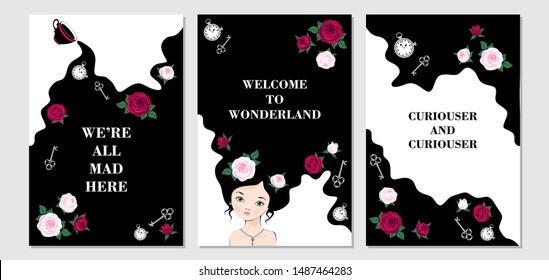 Wonderland set of card. Tea flows out of cup. Alice with roses in hair.  Roses, keys and clocks fall down rabbit hole.  Inscriptions  we're all mad here, welcome to wonderland, curiouser and curiouser