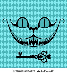 Wonderland vector card. Mad tea party. Black silhouettes  the smile of the Cheshire cat and the key to wonderland on blue checkered background svg