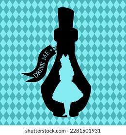 Wonderland vector card. Mad tea party. Black silhouettes  a bottle of poison and Alice on blue checkered background