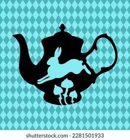 Wonderland vector card. Mad tea party. Black silhouettes  rabbit and teapot on blue checkered background