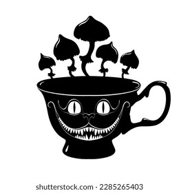 Tarjeta vectorial de Wonderland. Una fiesta de té triste. Siluetas negras, gato de cheshire, taza de té y champiñones sobre fondo blanco