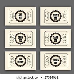 Wonderland vector set with labels Eat me, Drink me, Open me, Not poison, Thank you. ideal for decoration at a wedding Banquet or a birthday