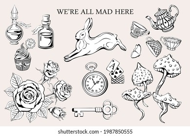 Wonderland vector set. We are all mad here. Vintage tea cups and teapot, poison, roses and mushrooms, clock and key, white rabbit.