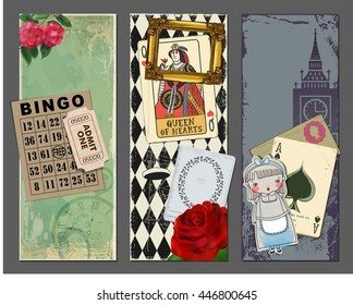 Banners verticales de la tierra de las maravillas, con marco dorado, rosa roja, carta de juego de la Reina de los Corazones, tarjeta de bingo, billete de época, recorte de papel de Alice in Wonderland y Big Ben