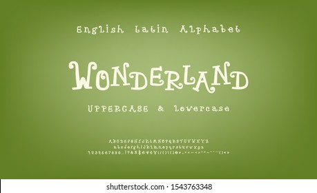 Wonderland, white curly font. Hand drawn vector alphabet. Capital and small letters, numbers, signs. Funny typeface for mystical and cartoon design.