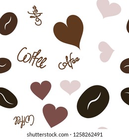 Wondrous Continuous Pattern with Heart, text and coffee. Elements are not cropped. Pattern under the mask. Vector. Perfect design for textile, box, posters, cards, web etc.