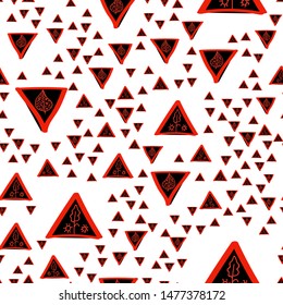 Wondrous Seamless pattern with Triangles Black and Vivid red color. Can be used for printing on packaging, bags, cups, laptop, box, etc. Pattern under the mask. Vector.