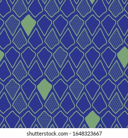 Wonky diamond pattern looks like dragon scales, seamless repeat vector blue arrowhead, surface design