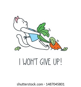 I won't give up! Illustration of a funny gardener cat pulling a carrot from garden. Vector 8 EPS.