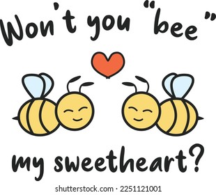 Won't you bee my sweetheart. Valentine's day greeting card with cute flying bees and heart shape.