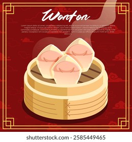 Wonton in a bamboo steamer with a red cloud Chinese background vector illustration