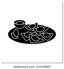 Wonton glyph icon. Boiled or deep fried triangle Chinese dumplings with meat or seafood stuffing.Traditional and tasty winter Asian food.Filled flat sign. Isolated silhouette vector illustration