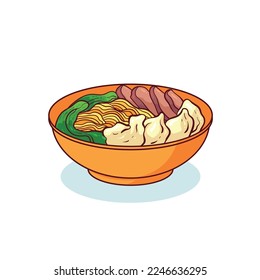 Wonton noodles are a typical Hong Kong food. This food consists of yellow noodles, meat, dumplings, gravy and mustard greens.