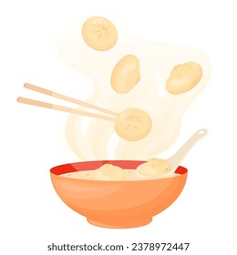 Wonton soup, Chinese food. Vector illustration. Dim sim dumplings for a couple. Asian cuisine. Isolated on a white background.