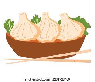 Wontons Chinese dumplings on a white background. Asian food. Vector illustration for restaurants, menus, decor