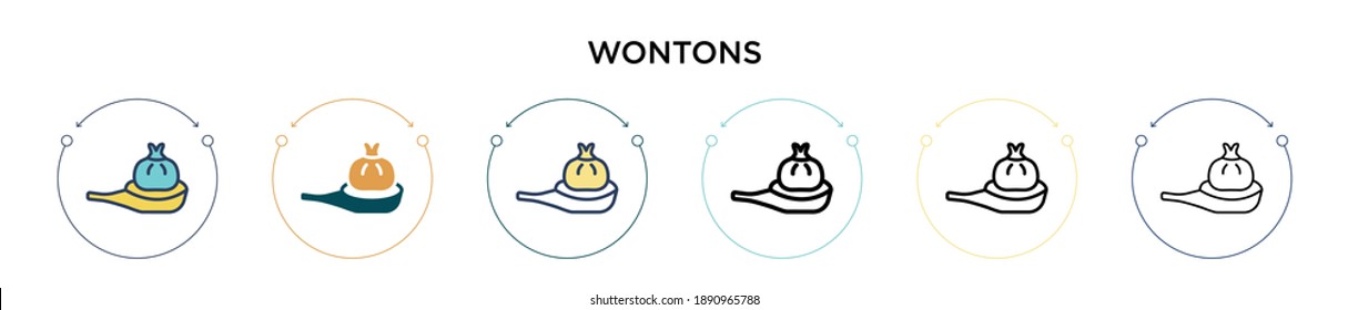 Wontons icon in filled, thin line, outline and stroke style. Vector illustration of two colored and black wontons vector icons designs can be used for mobile, ui, web