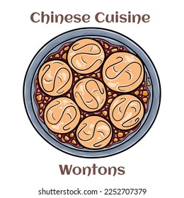 Wontons. It is typically boiled in a light broth or soup and made with a meatier filling. Chinese food. Vector image isolated.