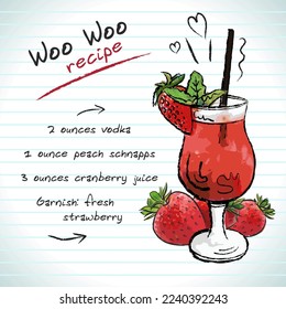 Woo Woo cocktail, vector sketch hand drawn illustration, fresh summer alcoholic drink with recipe and fruits	

