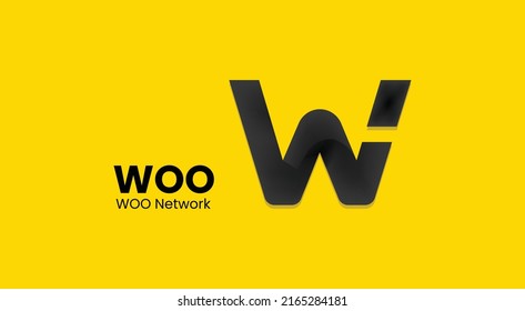 WOO moneda criptodivisa logotipo 3d aislado en fondo amarillo con espacio de copia. ilustración vectorial del concepto de diseño de banner de moneda WOO NETWORK.