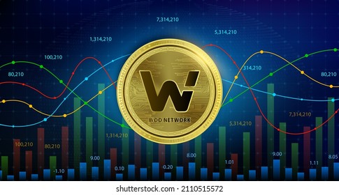WOO Network (WOO) moneda criptodivisa blockchain tecnología de reemplazo de moneda digital en el futuro moneda alternativa, carta de oro plateado, números arriba en segundo plano. Ilustración vectorial 3D.