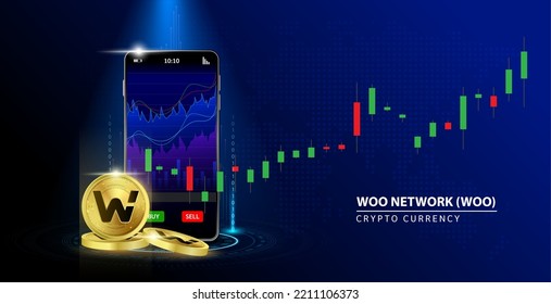 WOO Network (WOO) coin gold Online payment. Hand holding smartphone money  payment app bank. Secure mobile banking finance concept Blue background vector illustration. 3D Cryptocurrency blockchain.