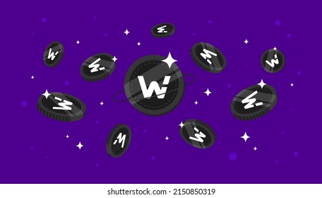 WOO Network (WOO) coins falling from the sky. WOO cryptocurrency concept banner background.