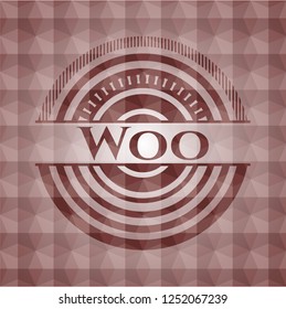 Woo red emblem with geometric pattern background. Seamless.